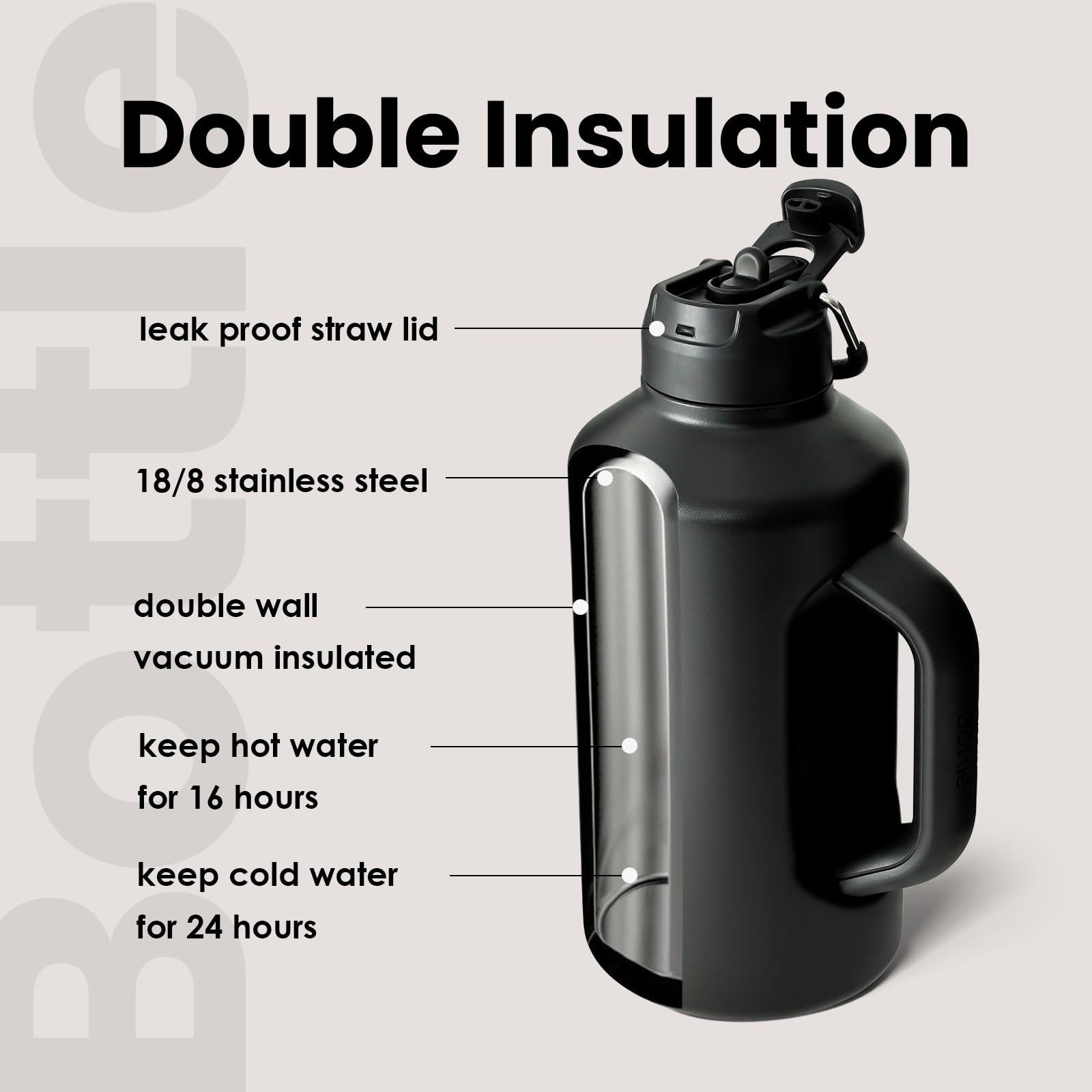 BOTTLE BOTTLE wide mouth design for easy ice filling and cleaning.