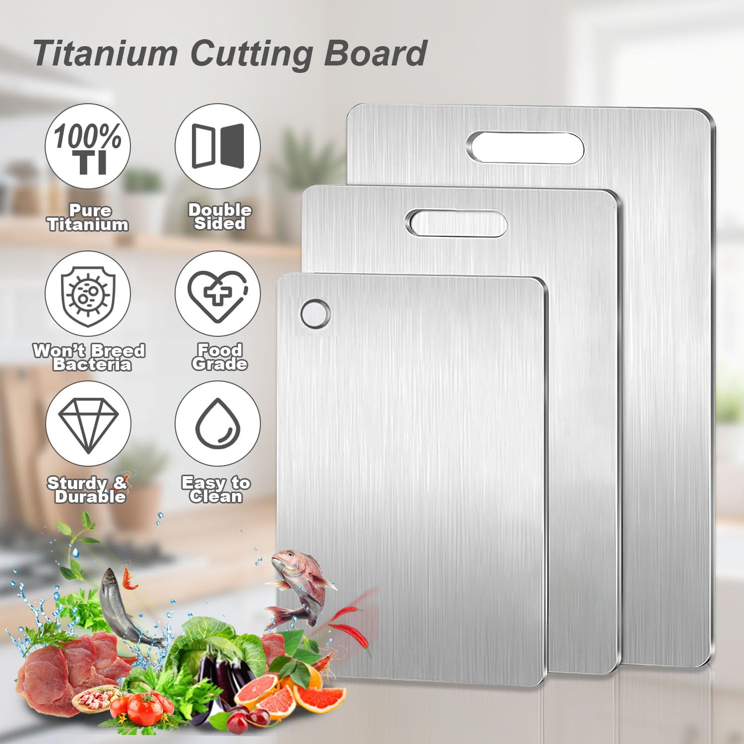 BOTUMIUY titanium cutting board set 3 double-sided in use for meats and produce.