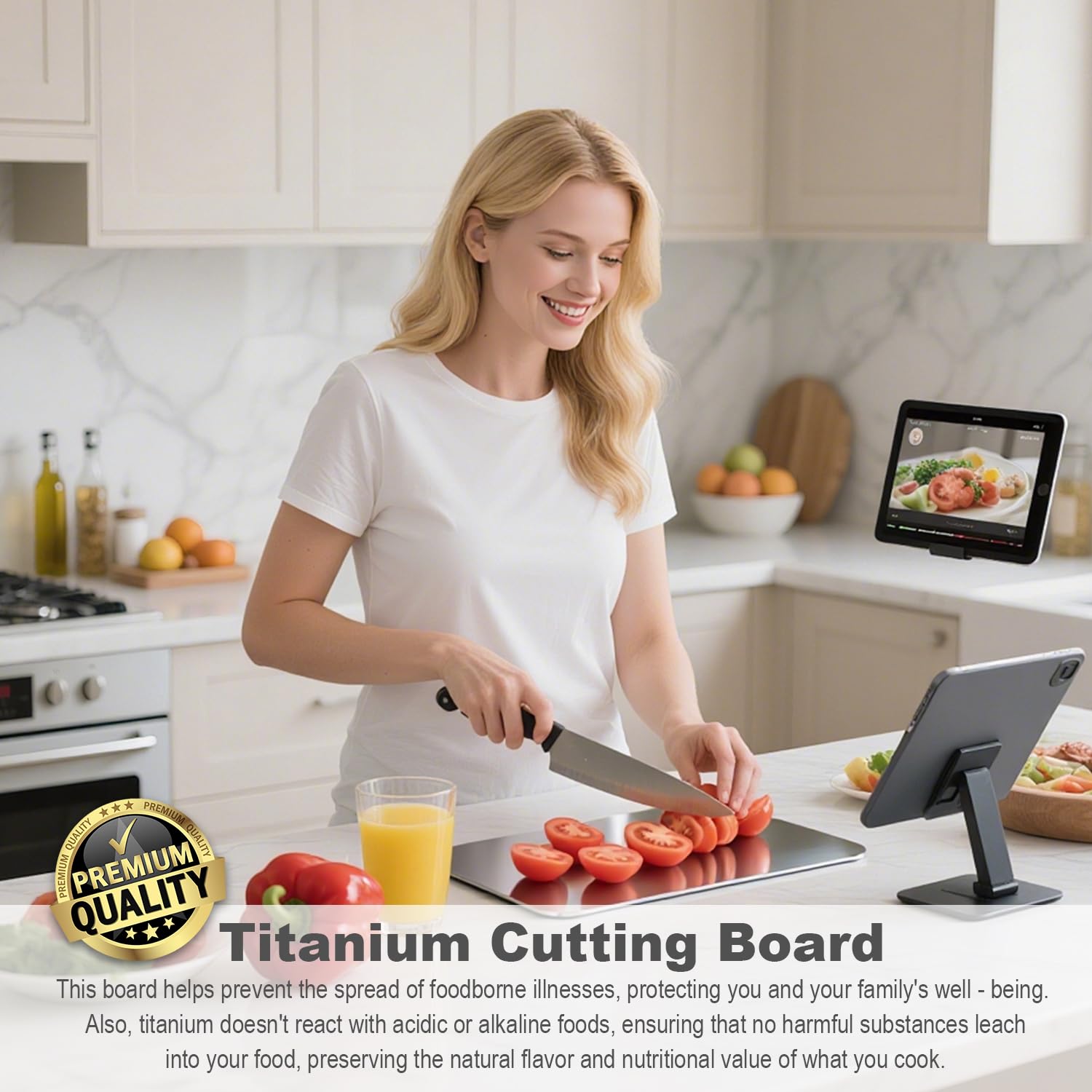 BOTUMIUY titanium cutting board 3 close-up highlights scratch-resistance against knife marks.