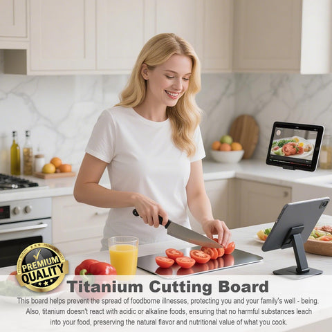 BOTUMIUY titanium cutting board 3 close-up highlights scratch-resistance against knife marks.