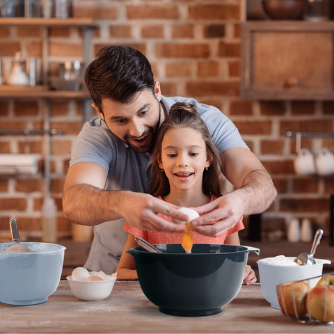 BoxedHome haze blue nesting bowls shown stacked for compact storage