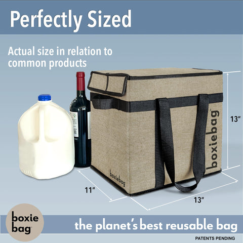 Boxiebag long-handled tote enables comfortable one-handed carrying on grocery trips.