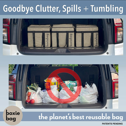 Boxiebag stackable design fits multiple bags in a cart for tidy shopping.