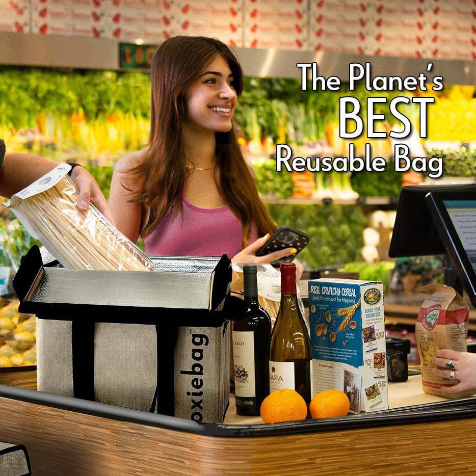 Boxiebag velcro-secure lid keeps items upright and contained while shopping.