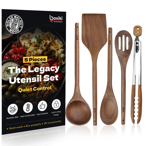 Boxiki Kitchen elegant walnut utensils set top view showing overall design and layout