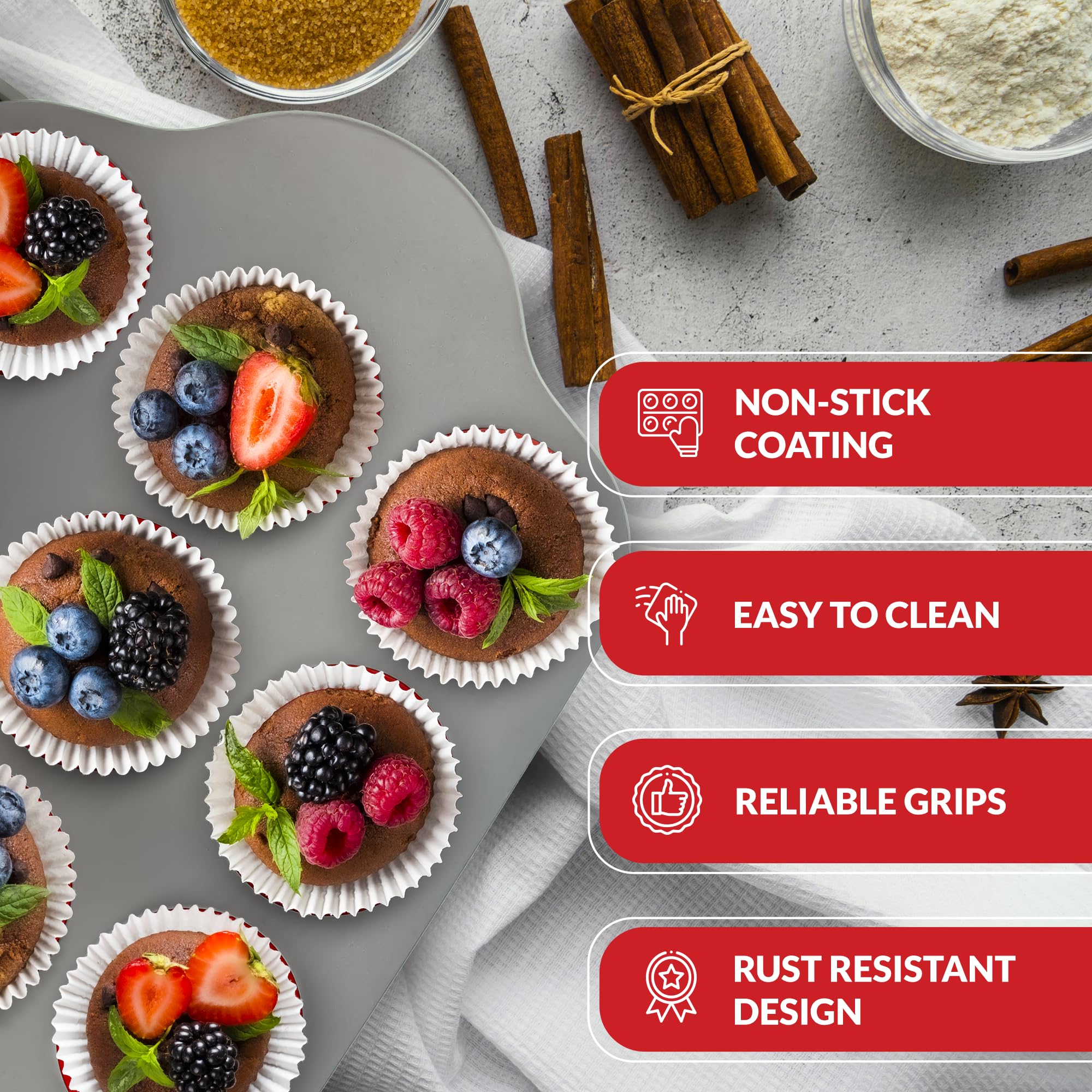 Boxiki Kitchen muffin pan with ergonomic handles for secure, comfortable transfer