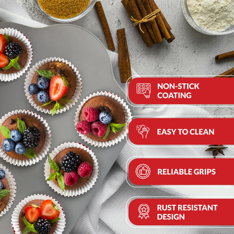Boxiki Kitchen muffin pan with ergonomic handles for secure, comfortable transfer