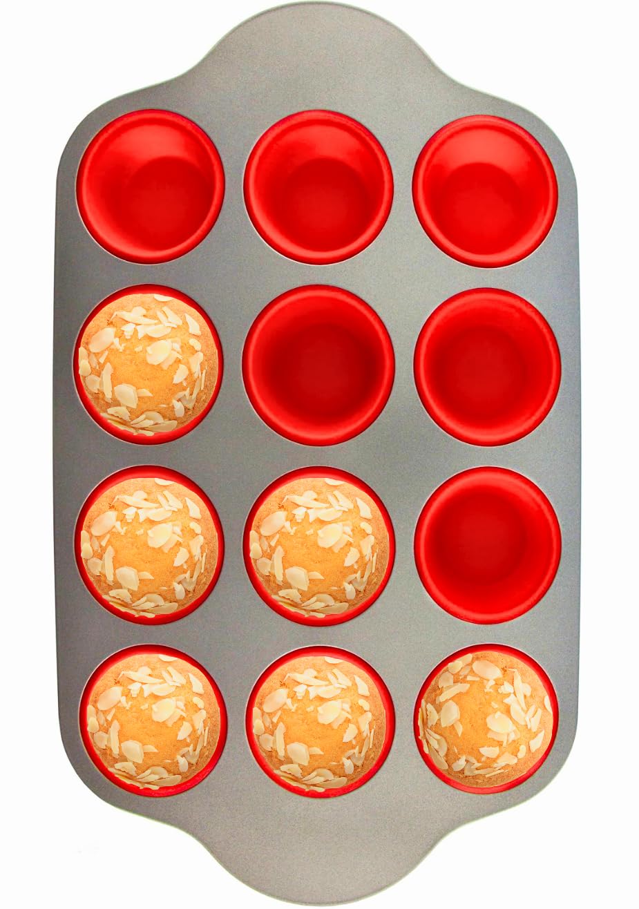 Boxiki Kitchen non-stick 12-cup silicone muffin pan with steel frame for even baking