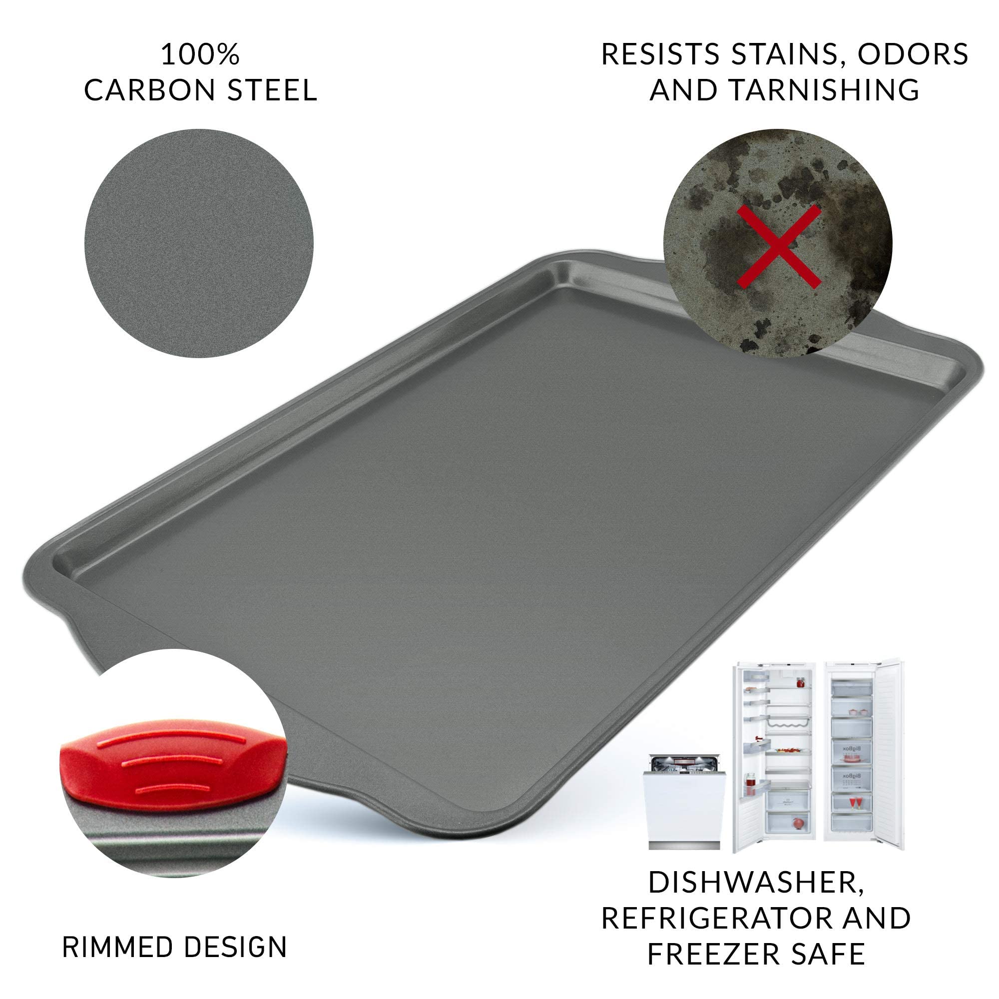 Boxiki Kitchen carbon-steel baking sheet highlights heavy-gauge construction.