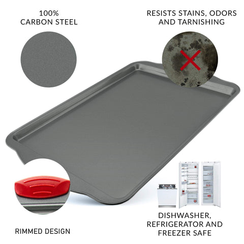 Boxiki Kitchen carbon-steel baking sheet highlights heavy-gauge construction.