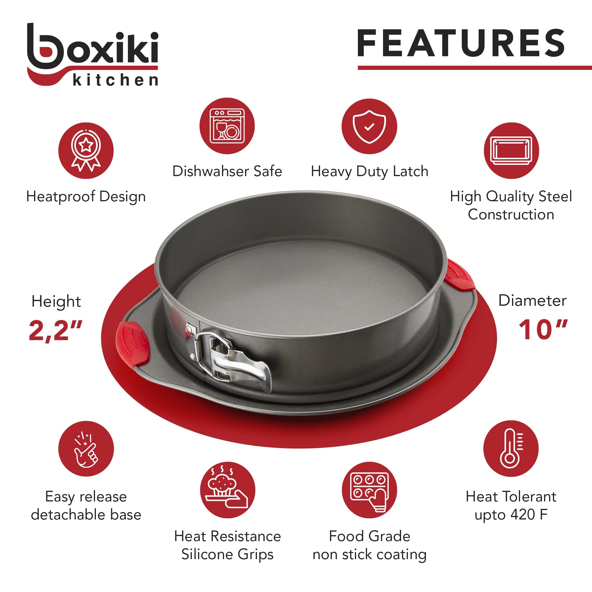 Boxiki Kitchen springform pan with leakproof seal and red silicone handles