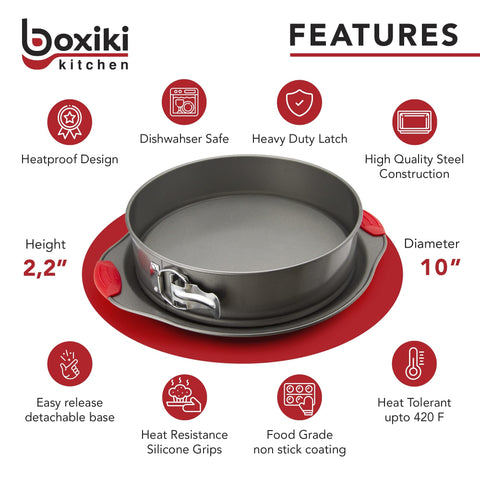 Boxiki Kitchen springform pan with leakproof seal and red silicone handles