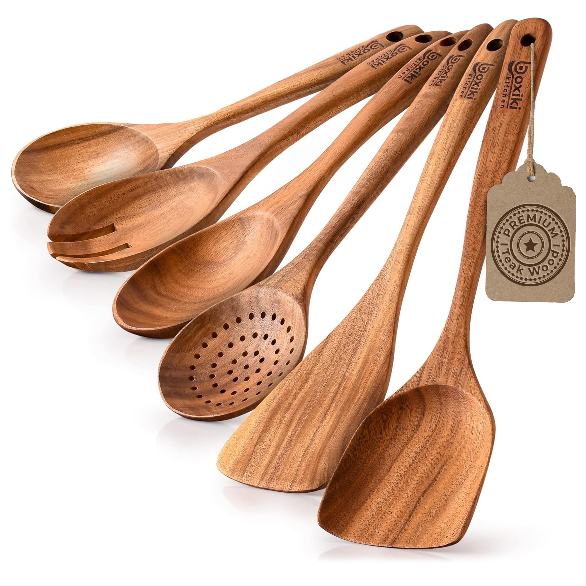 Boxiki Kitchen teak wood spatula flat for gentle flipping on nonstick cookware