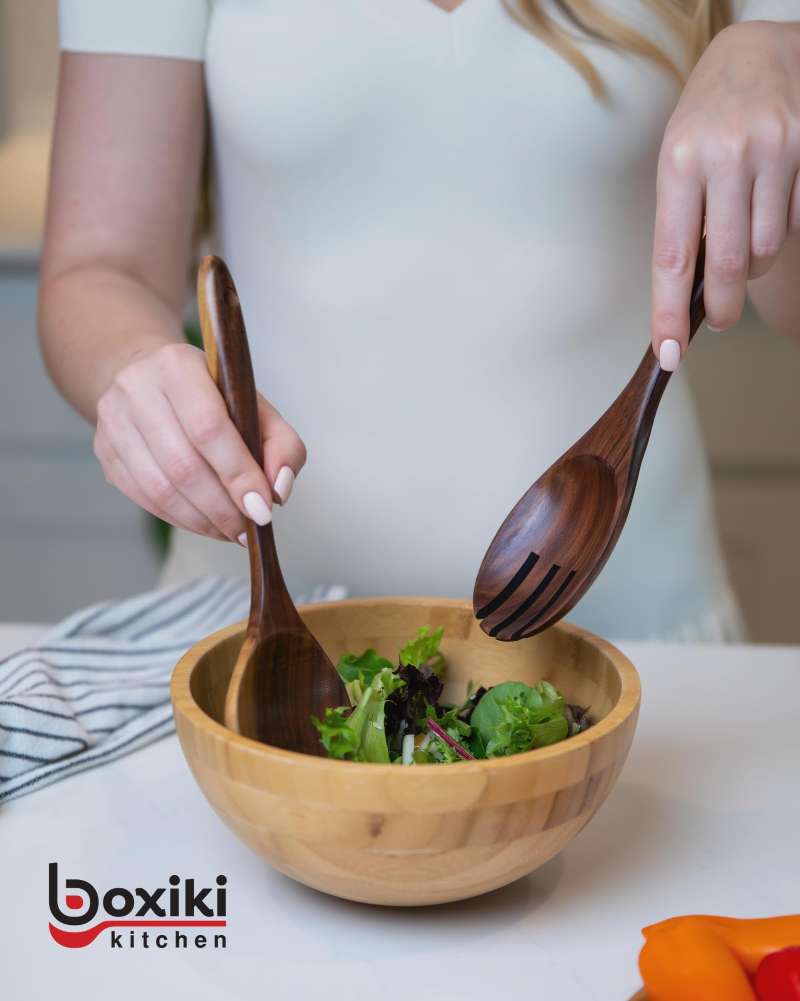 Boxiki Kitchen teak wood utensils storage hole design keeps them organized