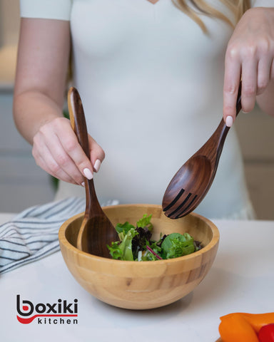Boxiki Kitchen teak wood utensils storage hole design keeps them organized