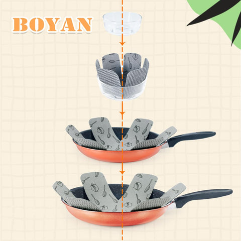 BOYAN pot separators in close-up show thick felt protection for non-stick cookware
