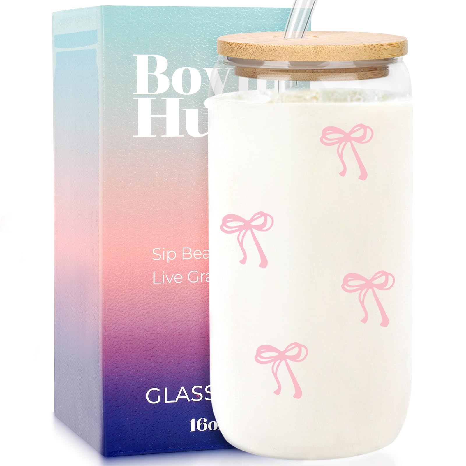 BOYIN HUES Coquette Bow glass cup with pink bow, 16oz, ideal for stylish iced drinks