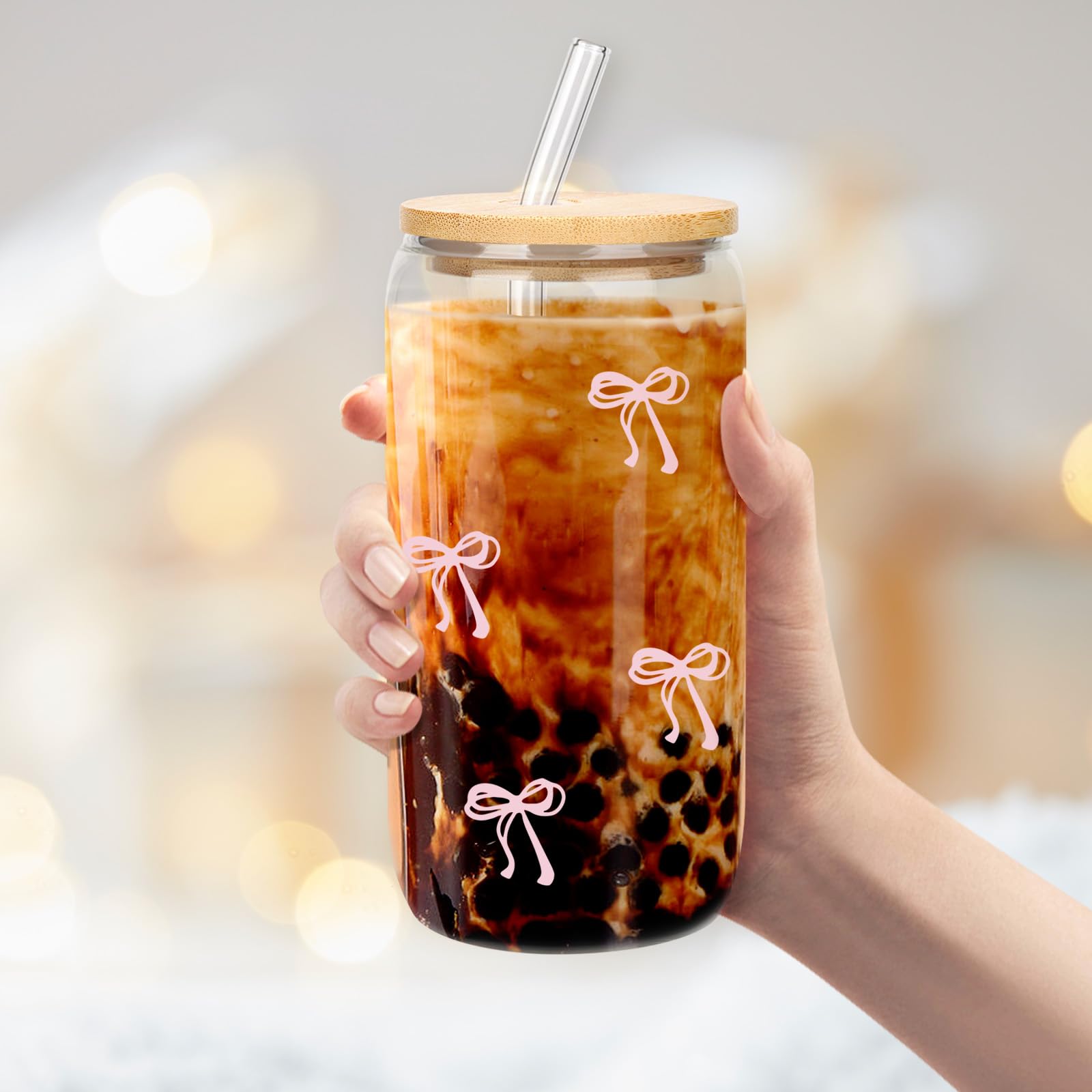 BOYIN HUES Coquette Bow cup shown as photo prop for stylish beverage shots