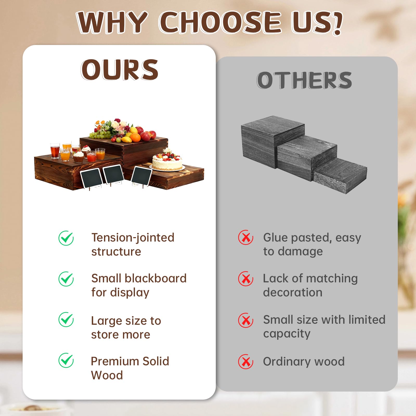 BoyMCowboy wooden buffet risers 10x10x2 offering mid-level elevations for treats.
