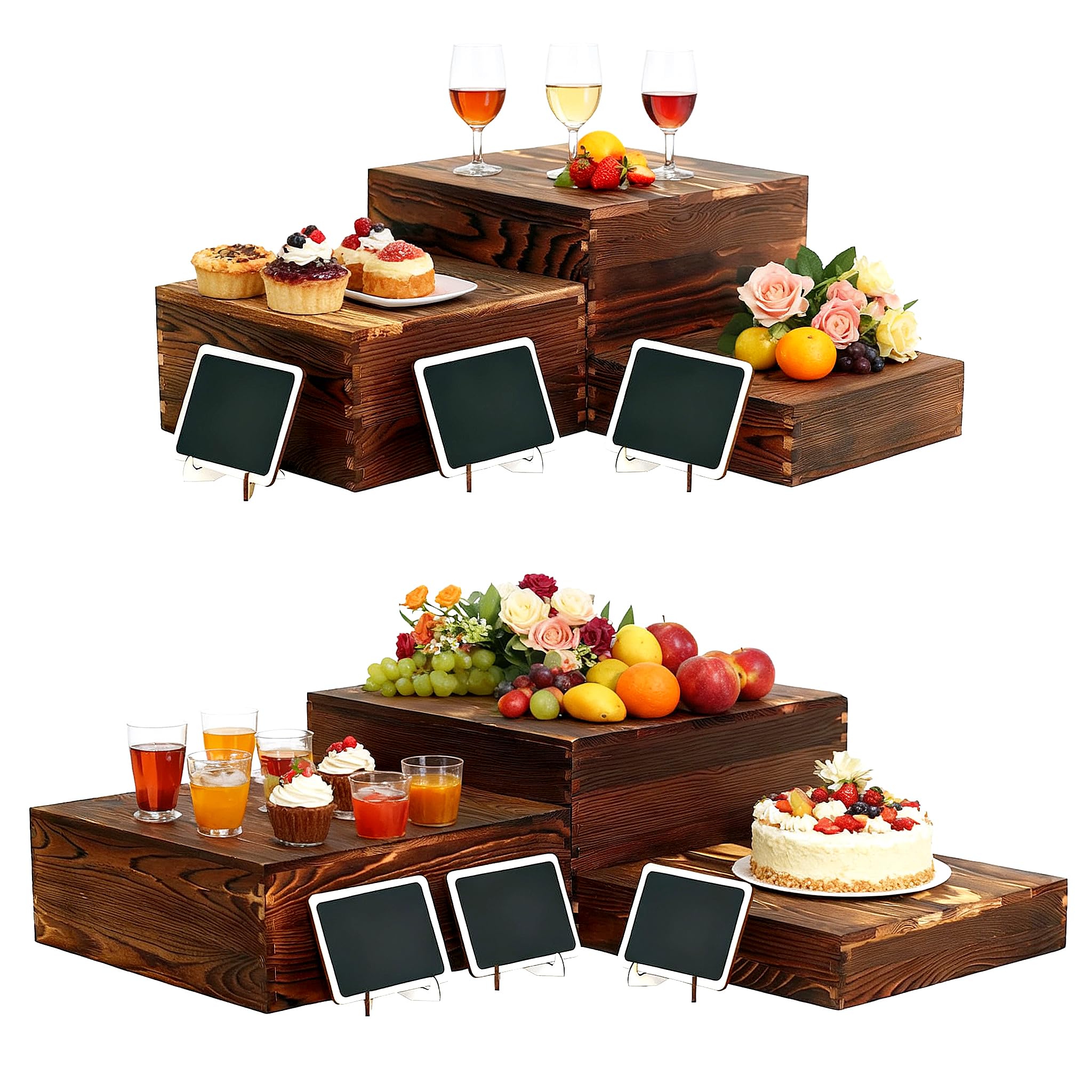 BoyMCowboy wooden buffet risers in 12x12x6 size for layered dessert displays.
