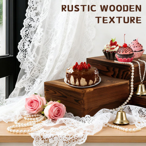 BoyMCowboy wooden buffet risers 9x9x6 with rustic burnt finish for cakes.