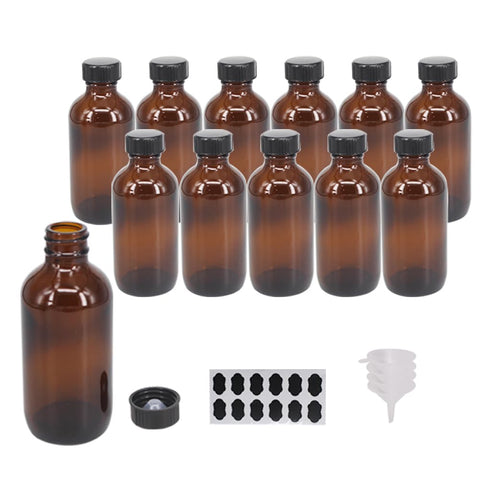 BPFY amber Boston bottle with black cap for secure vanilla extract storage.