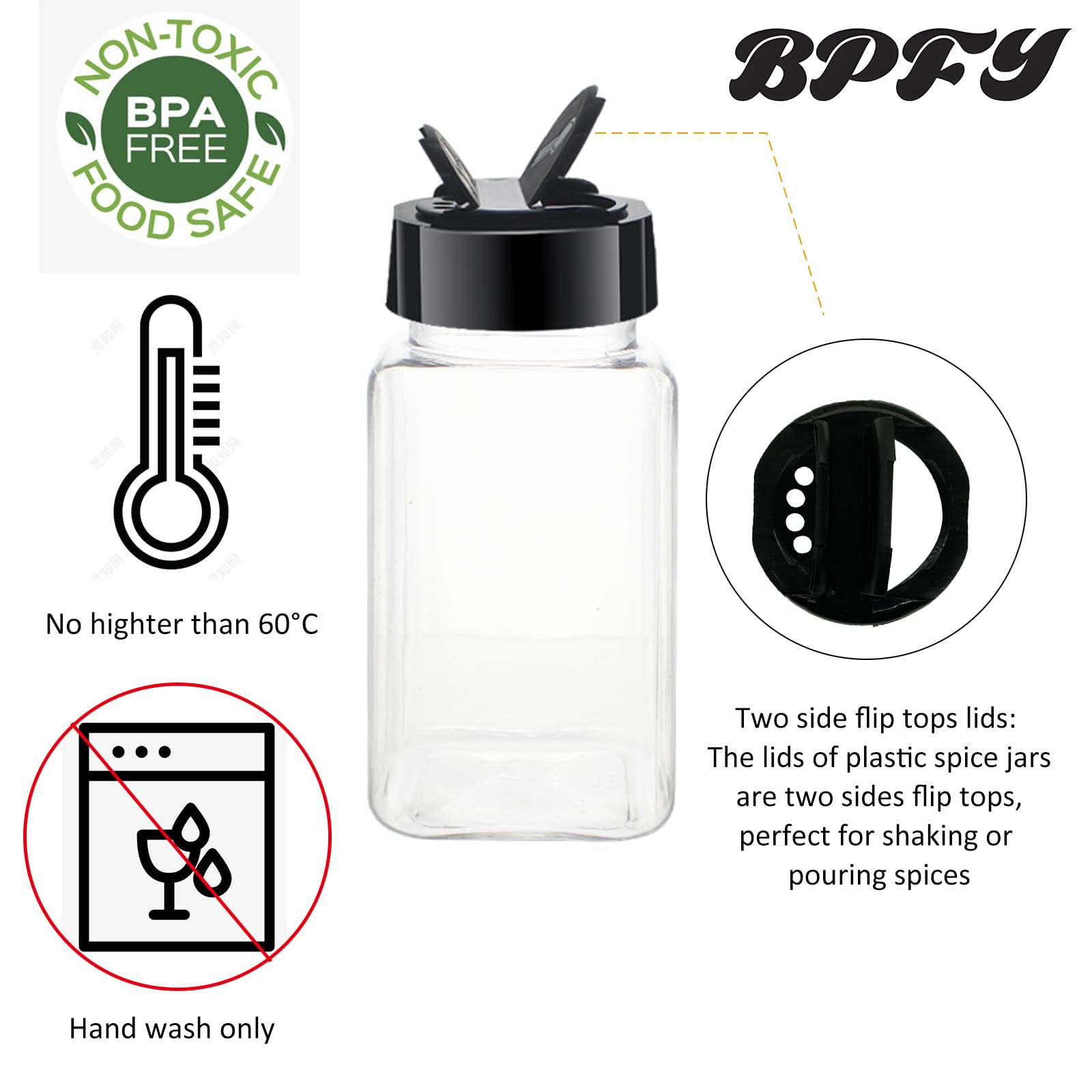 BPFY clear square bottles show spices for quick identification.