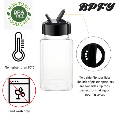 BPFY clear square bottles show spices for quick identification.