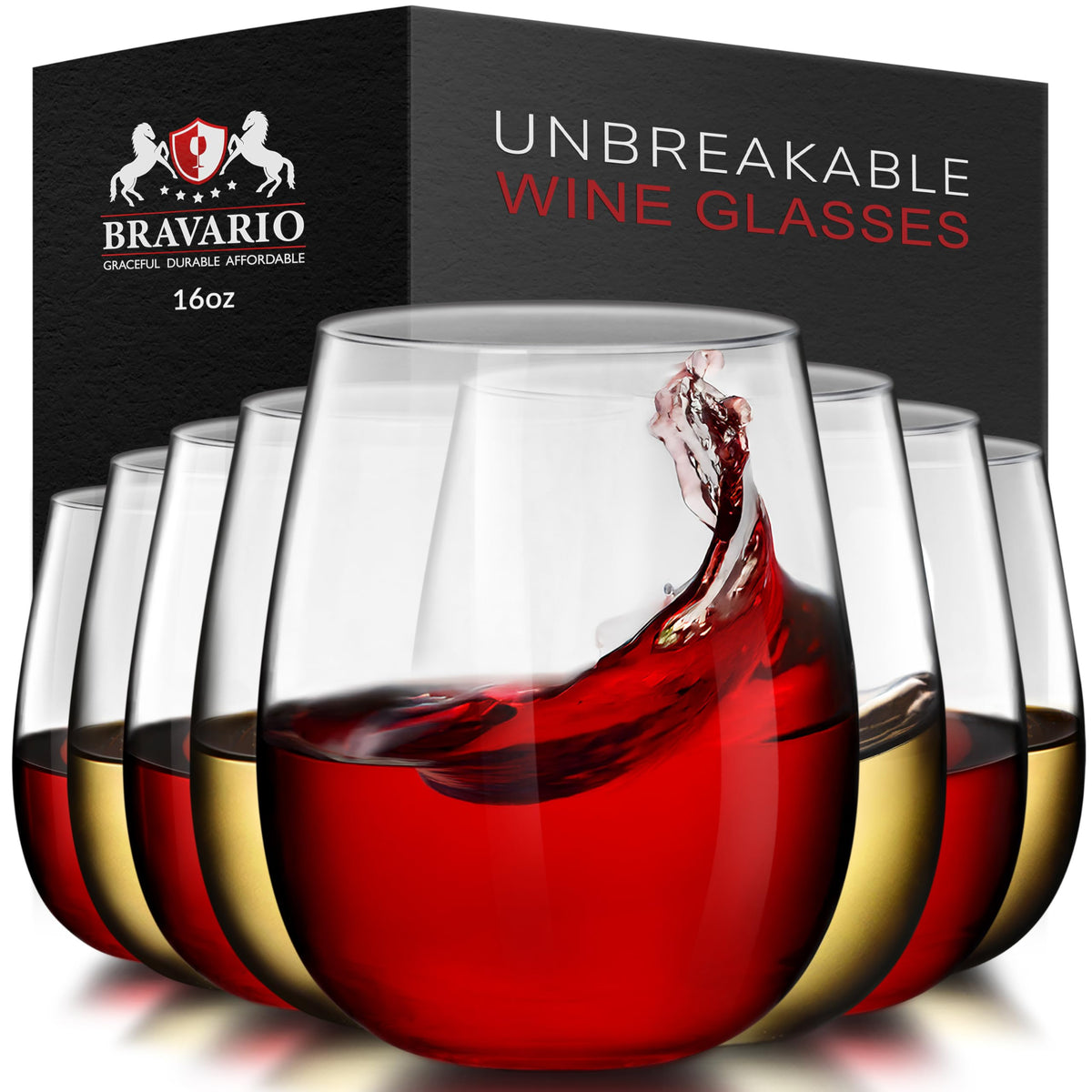 Bravario unbreakable stemless wine glass with 16 oz, ideal for outdoor use.