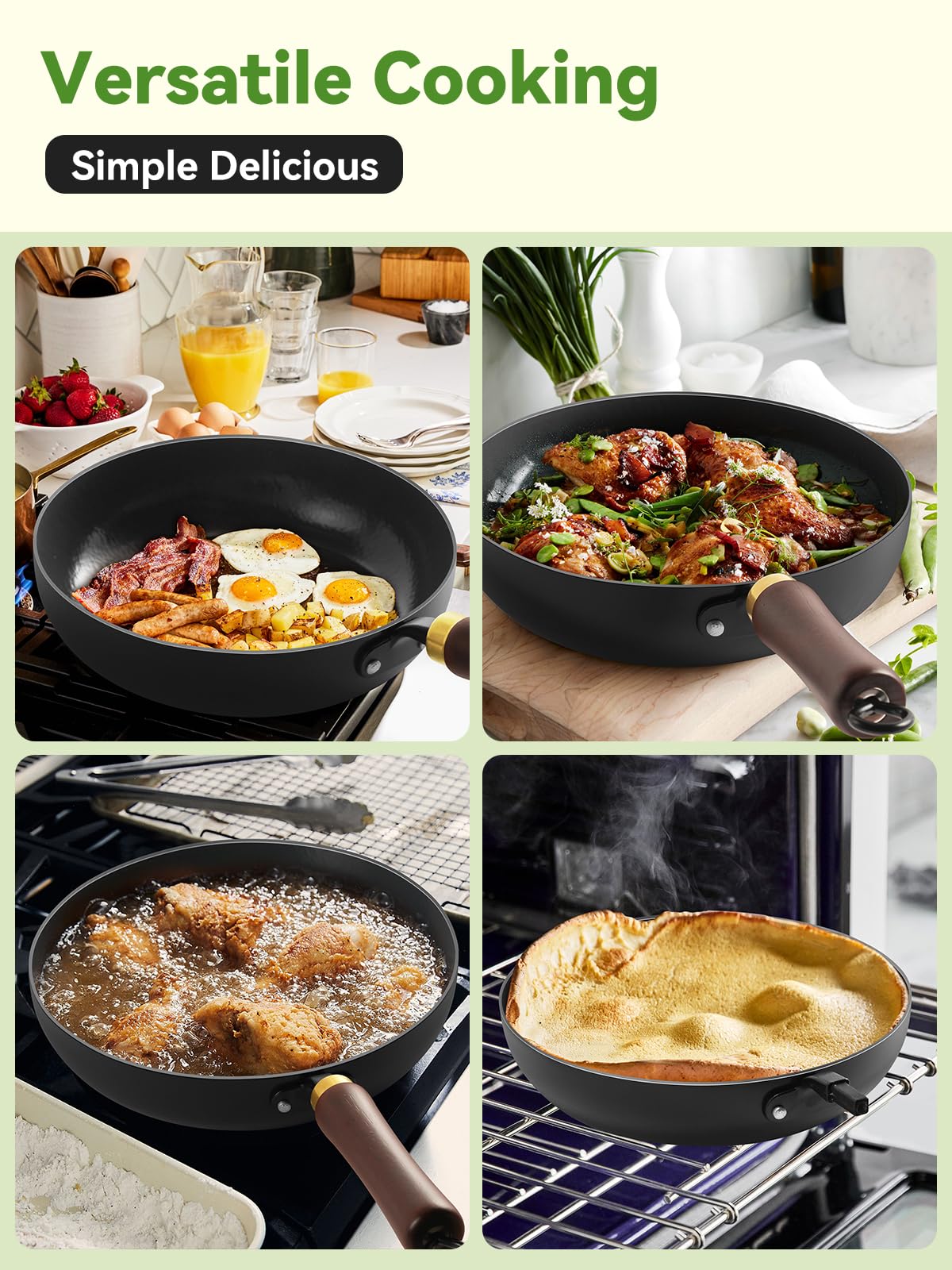 BrBrGo skillet shown with vegetables and meat sizzling, showcasing versatility