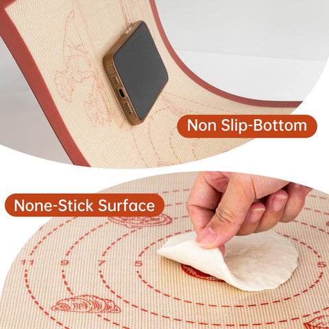 Bredominant multi-use mat pictured on countertop for cookies, bread, and pizza preparation