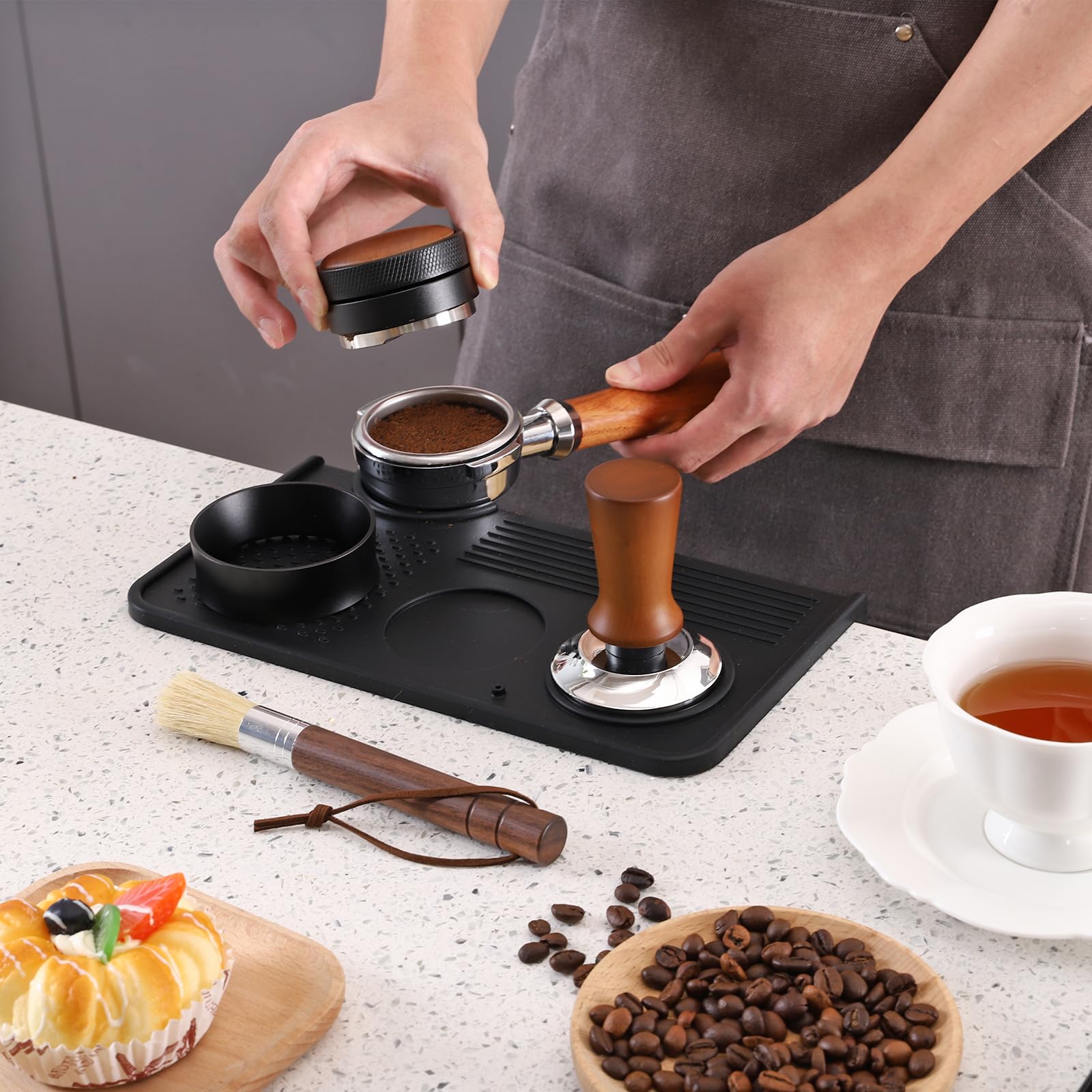 Breewenf tamping mat set displayed on kitchen counter for everyday barista use.