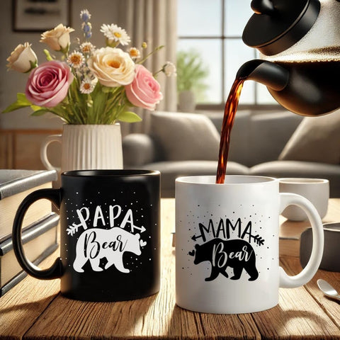 Breezy Valley Mama-Papa bear mug set, a heartwarming gift for new parents.