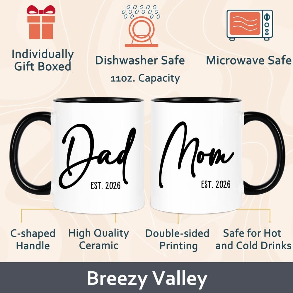 Breezy Valley mom and dad mugs est 2026 back view features a sturdy black handle and clean print.
