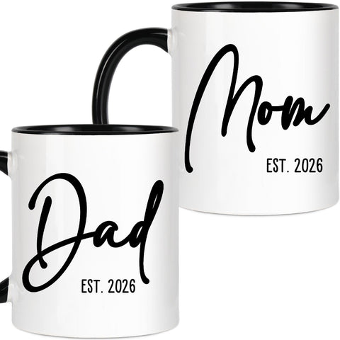 Breezy Valley mom and dad mugs est 2026 front view shows a gift-ready design for new parents.
