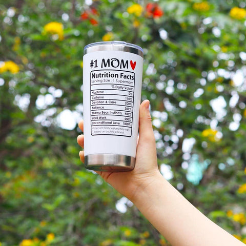 Breezy Valley tumbler phrase-detail highlights '#1 MOM NUTRITION FACTS' design.