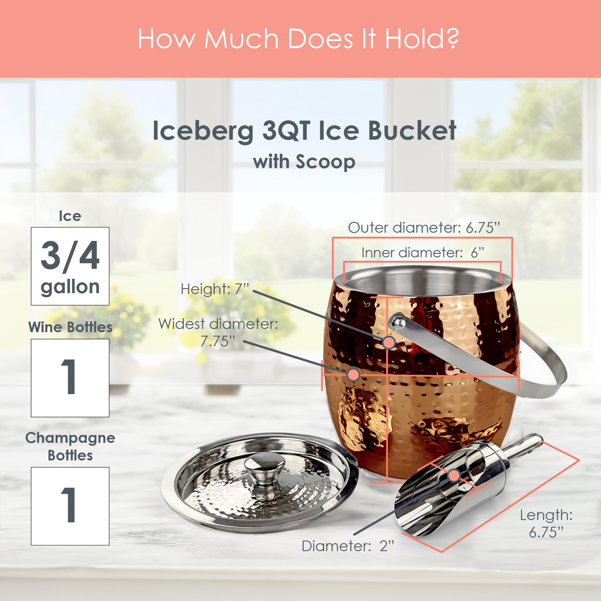 Brushed steel swing handle on BREKX rose gold ice bucket