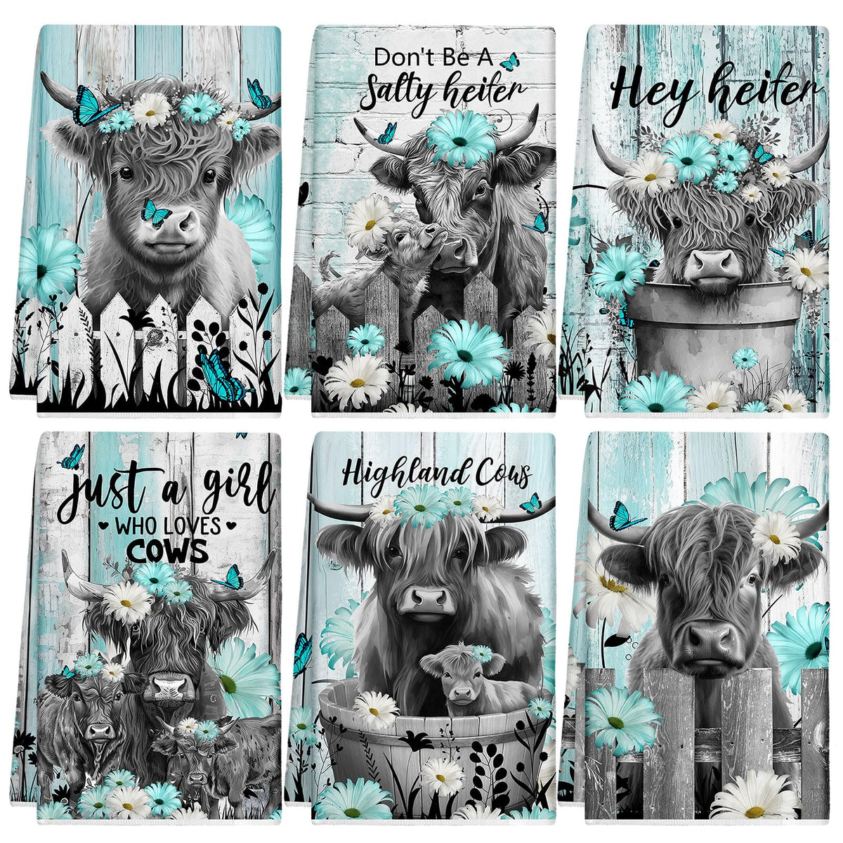 Breling Highland Cattle kitchen towel in teal and gray, quick-drying and highly absorbent for busy kitchens.