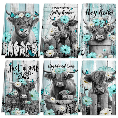 Breling Highland Cattle kitchen towel in teal and gray, quick-drying and highly absorbent for busy kitchens.