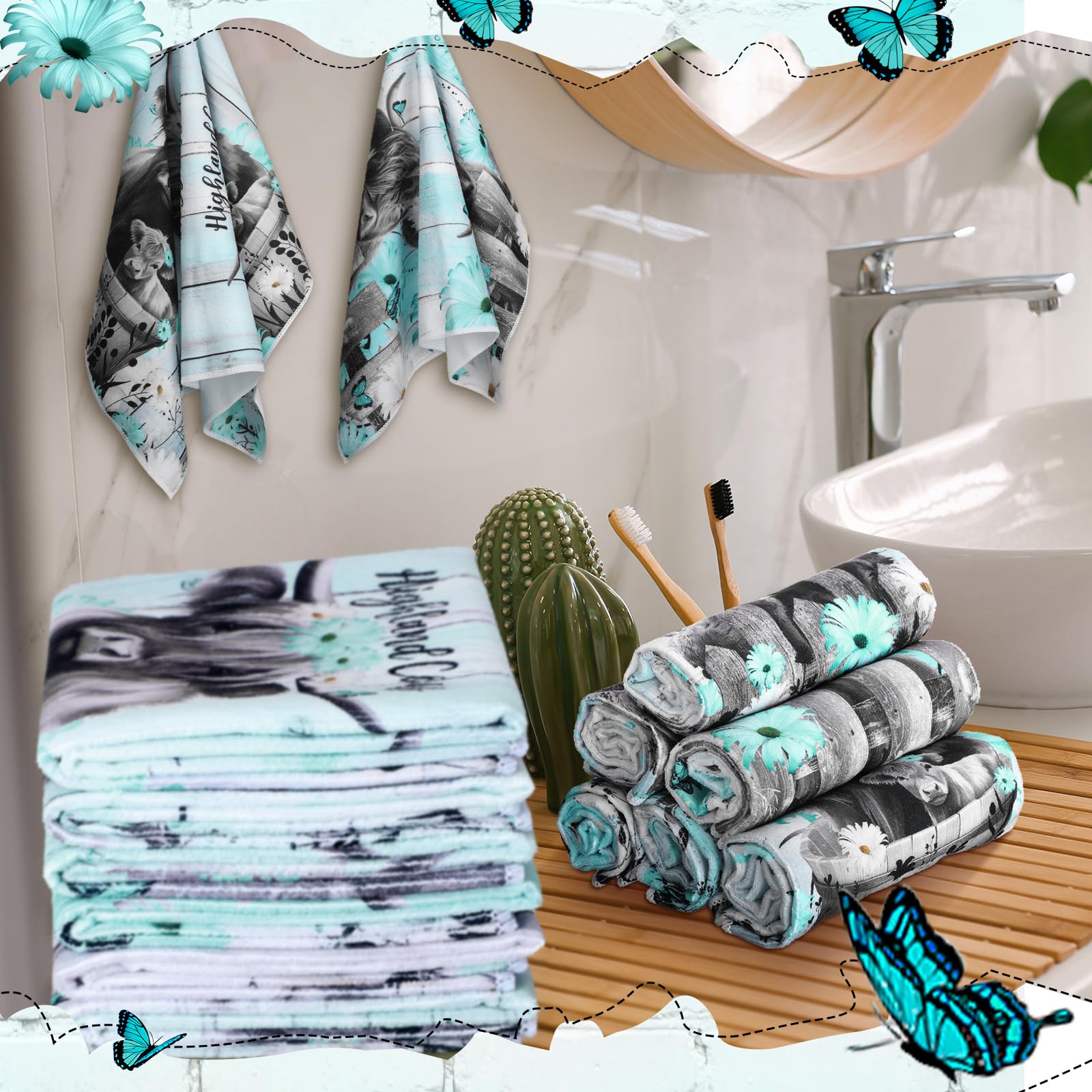 Breling Highland Cattle towel shown in kitchen and bathroom scenes, durable microfiber remains soft after washes.