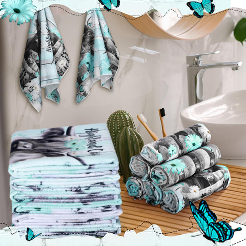 Breling Highland Cattle towel shown in kitchen and bathroom scenes, durable microfiber remains soft after washes.