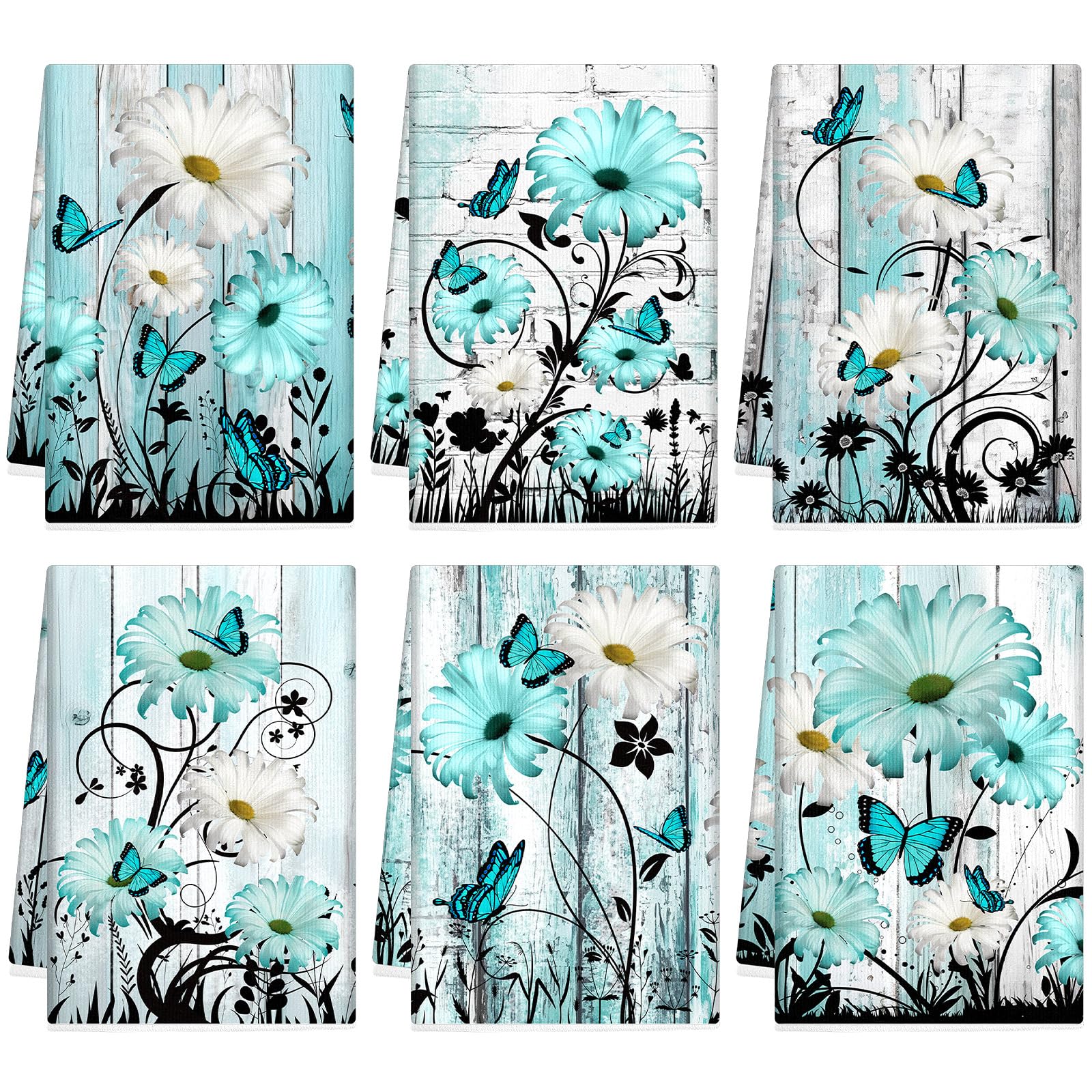 Breling teal-daisy kitchen towels set in teal and white for decorative kitchen use.