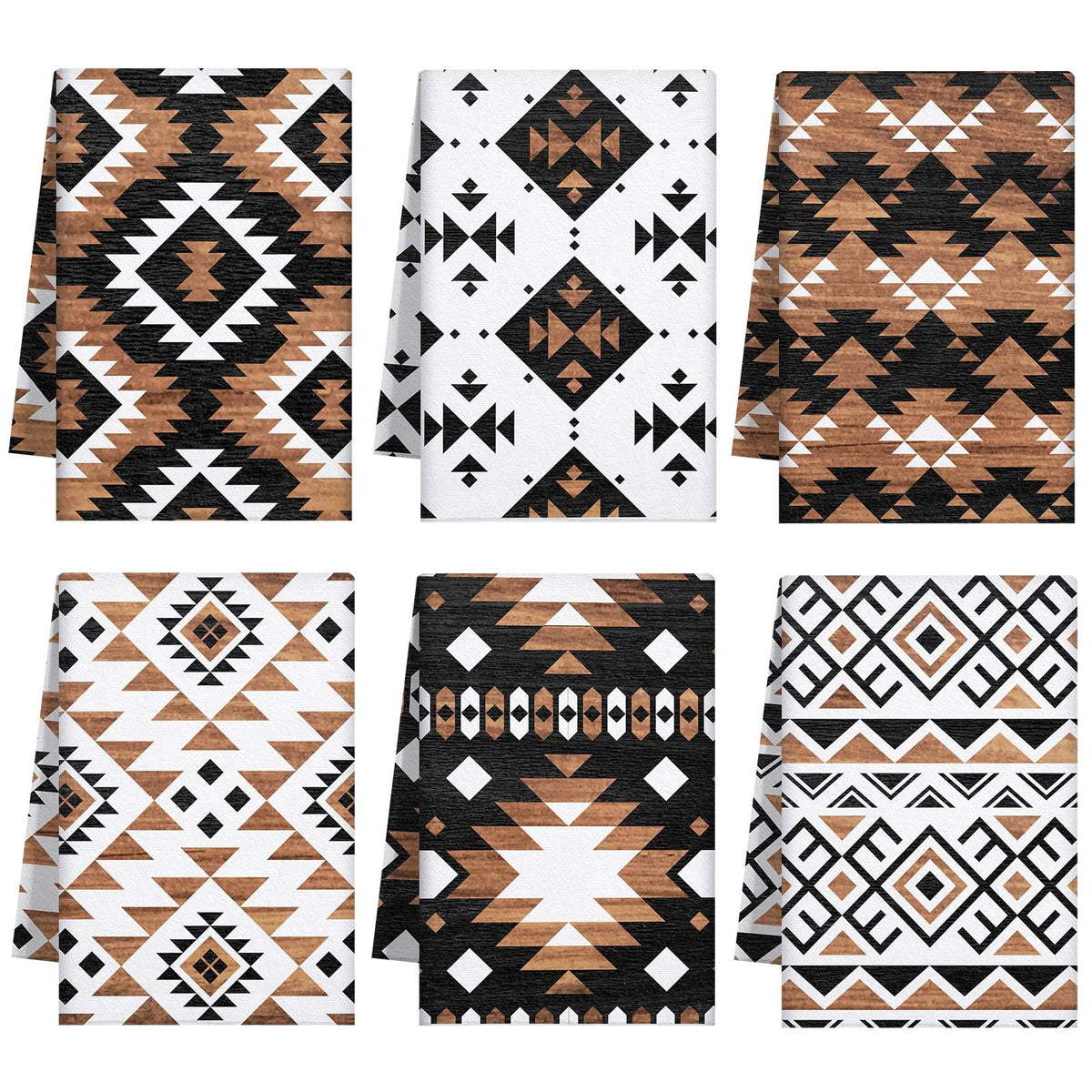 Breling Western Aztec towels 6-pack on rack with rustic kitchen decor.