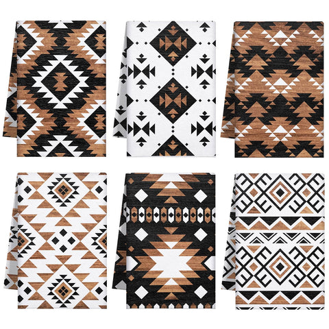 Breling Western Aztec towels 6-pack on rack with rustic kitchen decor.