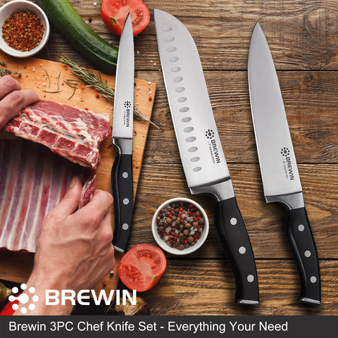 Brewin chef knife full-tang angle highlights balance and precise cutting.