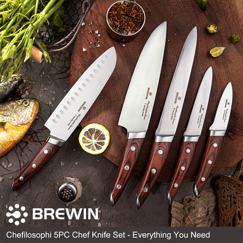 Brewin Chefilosophi knife set blade closeup emphasizes sharp stainless edge