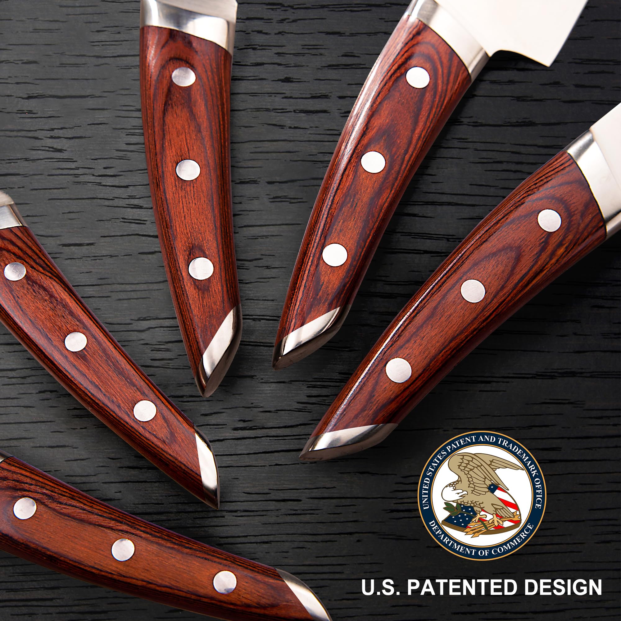Brewin Chefilosophi knife set handle closeup highlighting ergonomic pakkawood grip