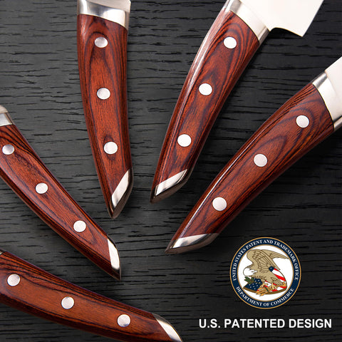 Brewin Chefilosophi knife set handle closeup highlighting ergonomic pakkawood grip