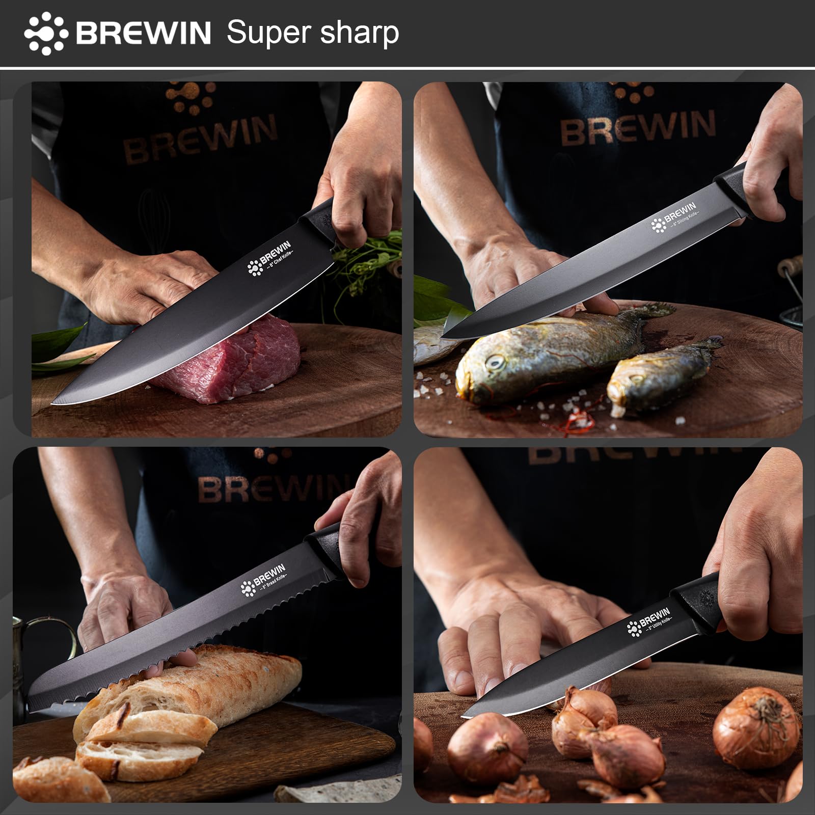 Brewin knife set and block, dishwasher-safe for easy cleaning.