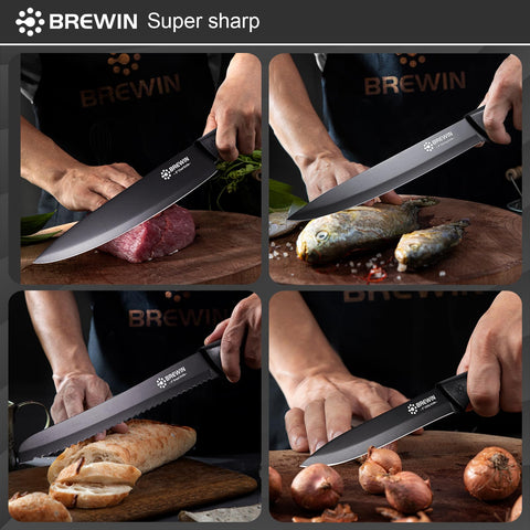 Brewin knife set and block, dishwasher-safe for easy cleaning.